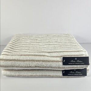 Brooks Brothers Bath Towel Set Tan White Striped Turkish 100% Cotton 2 Pc NEW